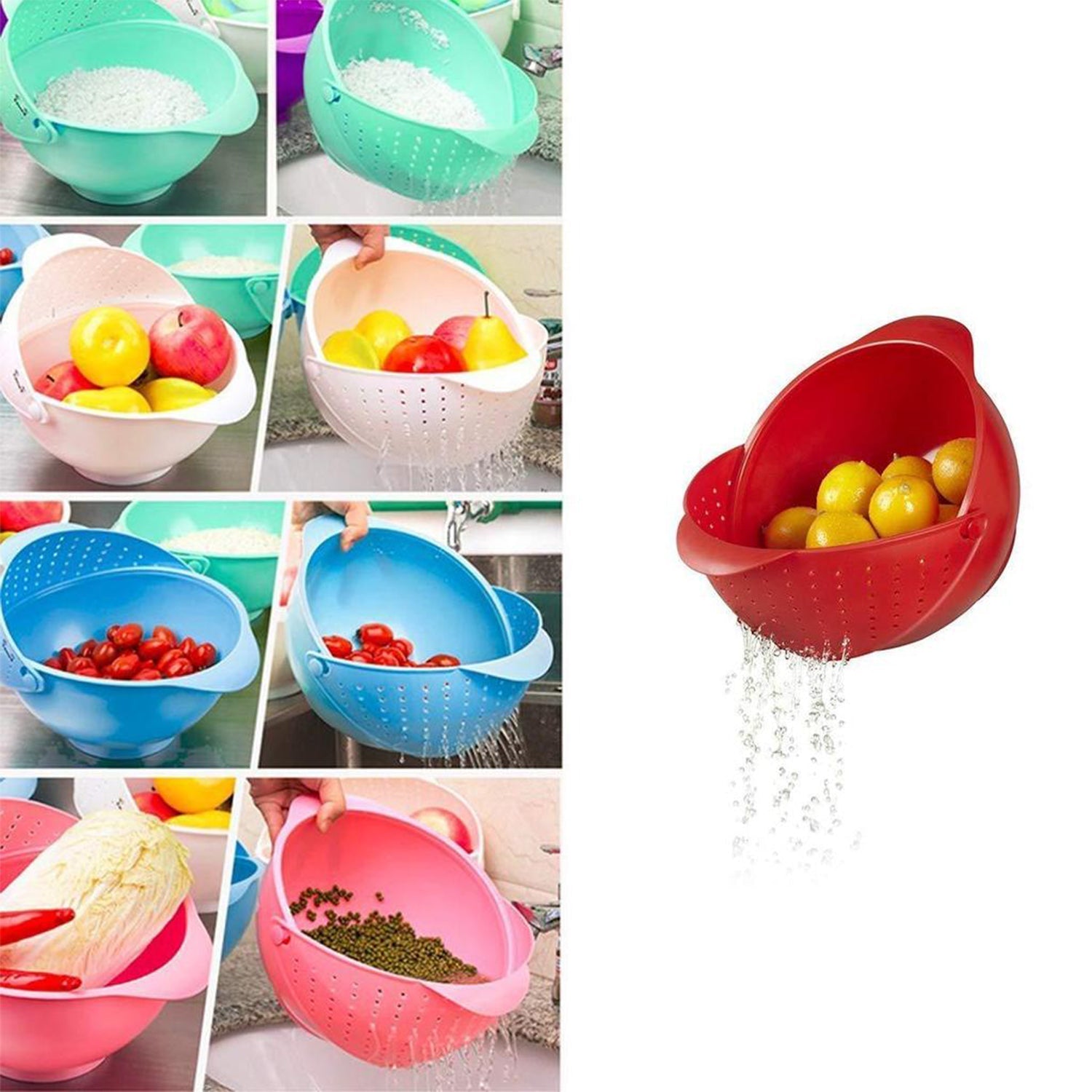 Plastic Revolving Multi Functional Rice, Vegetable Fruit Wash Basket Bowl (Multi Colour) - Springkart 