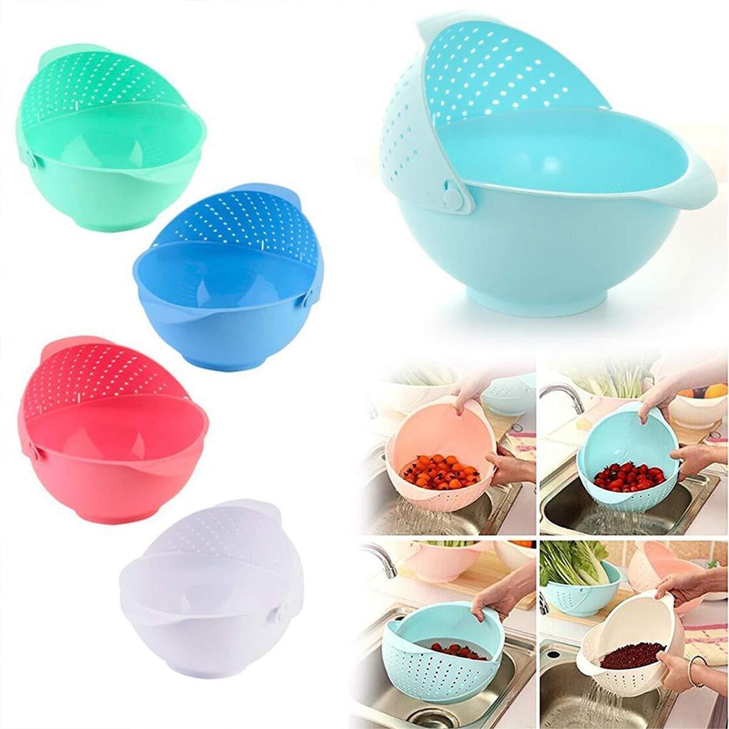 Plastic Revolving Multi Functional Rice, Vegetable Fruit Wash Basket Bowl (Multi Colour) - Springkart 