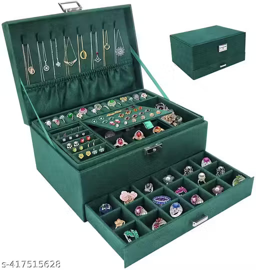 Green Jewelry Box Organizer, 3 Layers Jewelry Organizer With Lock Jewelry Holder For Girls