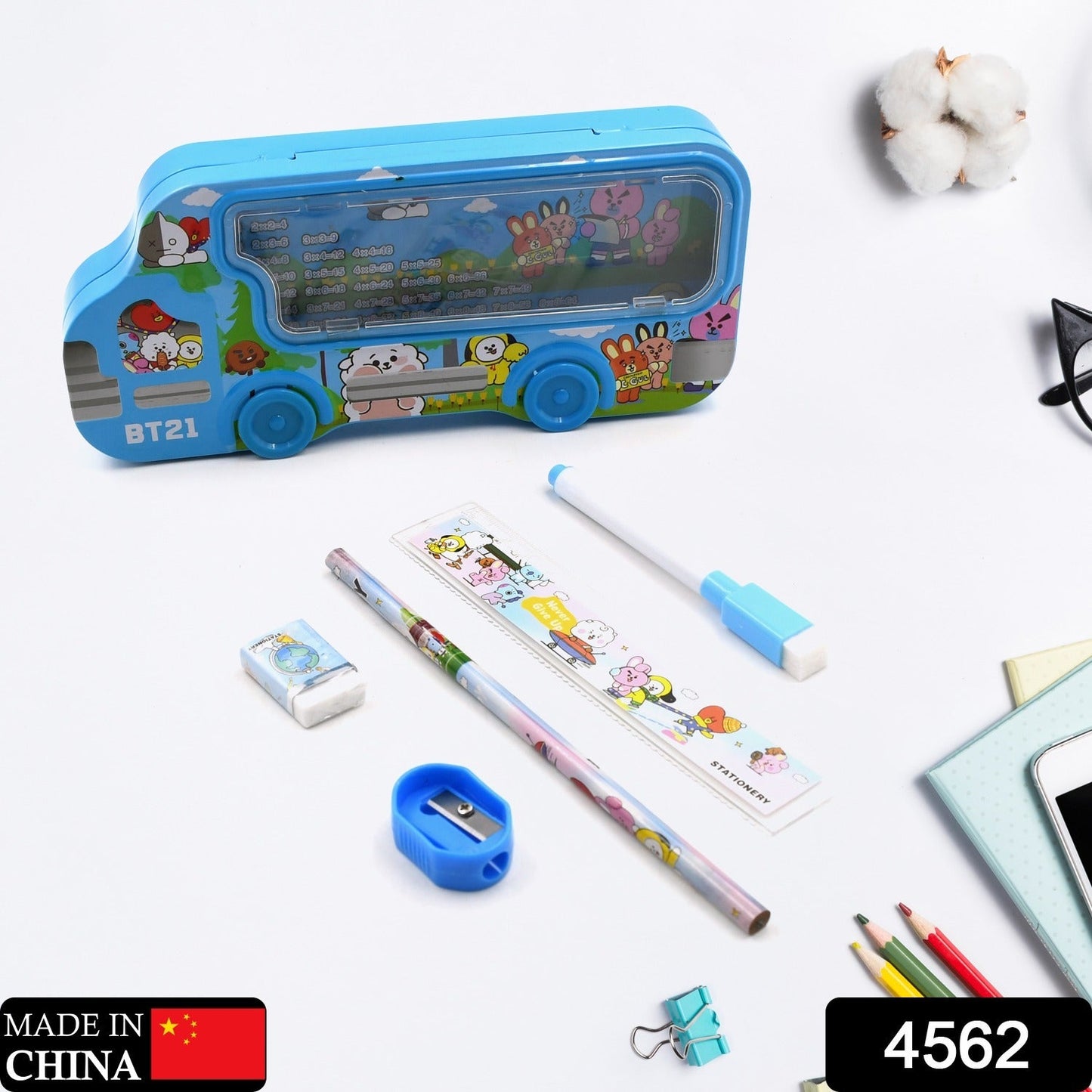 Bus Shape Compass Box for Boys, Kids School Accessories | Pencil Box with Wheels for Girls and Kids, String Operated Case Students School Supplies - Stationery Set Organizer Birthday Return Gift for Kids - Springkart 