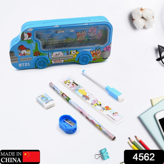 Bus Shape Compass Box for Boys, Kids School Accessories | Pencil Box with Wheels for Girls and Kids, String Operated Case Students School Supplies - Stationery Set Organizer Birthday Return Gift for Kids - Springkart 