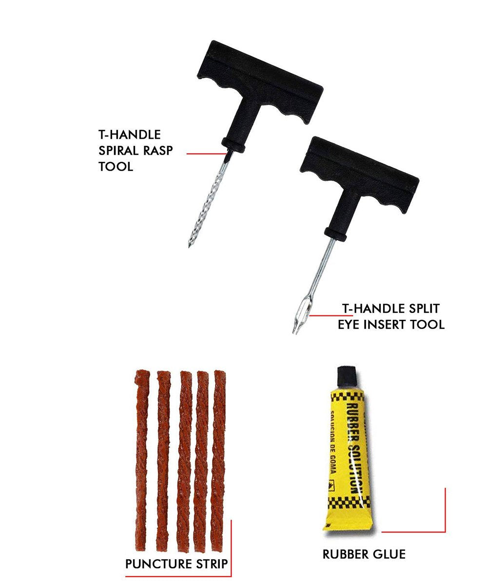 Puncture Repair Kit Tubeless Tyre Full Set with Nose Pliers, Rubber Cement and Extra Strips for Cars, Bikes - Springkart 