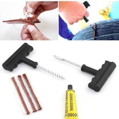 Puncture Repair Kit Tubeless Tyre Full Set with Nose Pliers, Rubber Cement and Extra Strips for Cars, Bikes - Springkart 