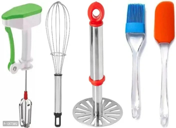 Kitchen Use Combo Of Powerfree Blender Stainless Steel Bhaji Masher Whisk Spatula Brush (Pack Of 5)