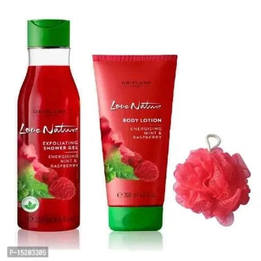 Exfoaliating Shower Gel, Body Lotion Energising Mint Raspberry and Premium Luxury Bathing