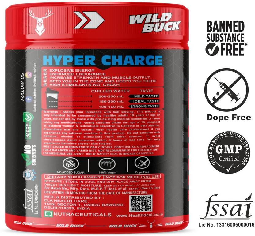 WILD BUCK Hyper Charge Pre-Workout For Hardcore Pump ,Non-Crash Energy Both For Men &Women Energy Drink (170 g, Cranberry Flavored)