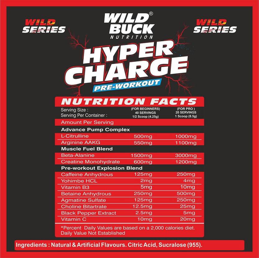 WILD BUCK Hyper Charge Pre-Workout For Hardcore Pump ,Non-Crash Energy Both For Men &Women Energy Drink (170 g, Cranberry Flavored)