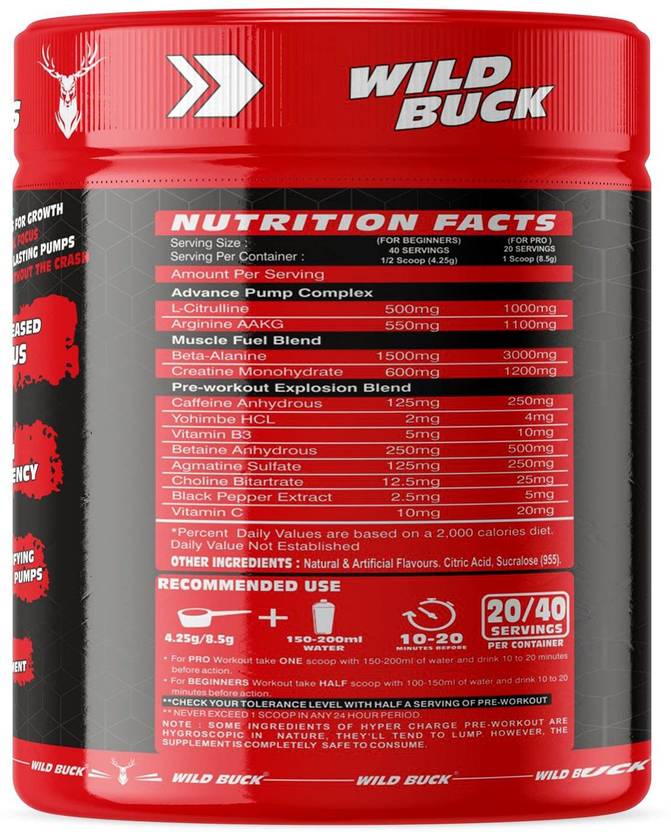 WILD BUCK Hyper Charge Pre-Workout For Hardcore Pump ,Non-Crash Energy Both For Men &Women Energy Drink (170 g, Cranberry Flavored)