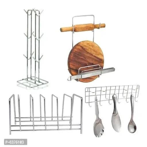 Stainless Steel Plate Stand Dish Rack Steel And Cup Holder Cup Stand And Chakla Belan Stand And Ladle Hook Rail Wall Mounted Ladle Stand For Kitchen - Springkart 