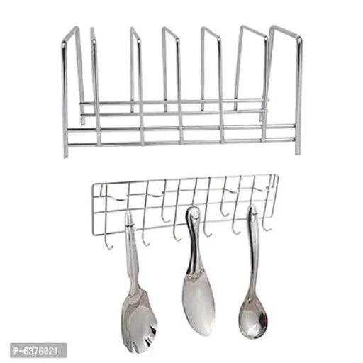 Stainless Steel Plate Stand / Dish Rack Steel And Ladle Hook Rail / Wall Mounted Ladle Stand For Kitchen