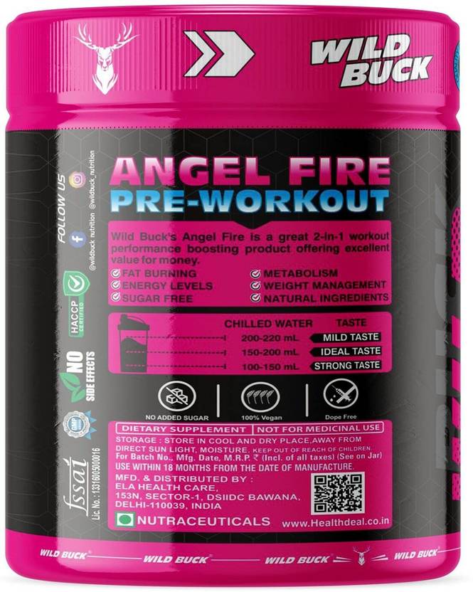 WILD BUCK Angel Fire 2in1 Pre-Workout For Muscle Pump ,Non-Crash Energy, Endurance For Women Sports Drink (180 g, American Cola Flavored)