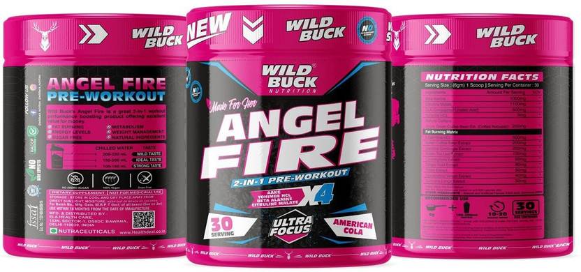 WILD BUCK Angel Fire 2in1 Pre-Workout For Muscle Pump ,Non-Crash Energy, Endurance For Women Sports Drink (180 g, American Cola Flavored)