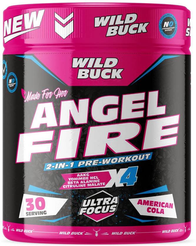 WILD BUCK Angel Fire 2in1 Pre-Workout For Muscle Pump ,Non-Crash Energy, Endurance For Women Sports Drink (180 g, American Cola Flavored)