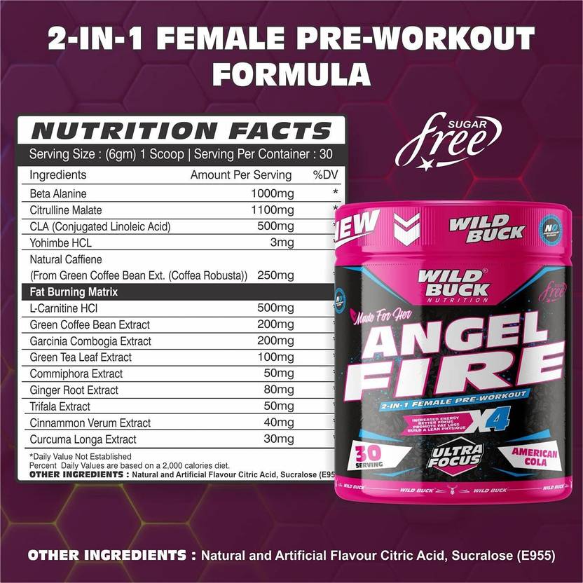 WILD BUCK Angel Fire 2in1 Pre-Workout For Muscle Pump ,Non-Crash Energy, Endurance For Women Sports Drink (180 g, American Cola Flavored)