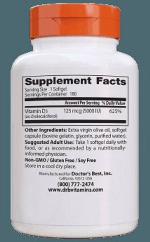 Doctor's Best Vitamin D3, 125 mcg (5000 IU), 180 Softgels (180 No)