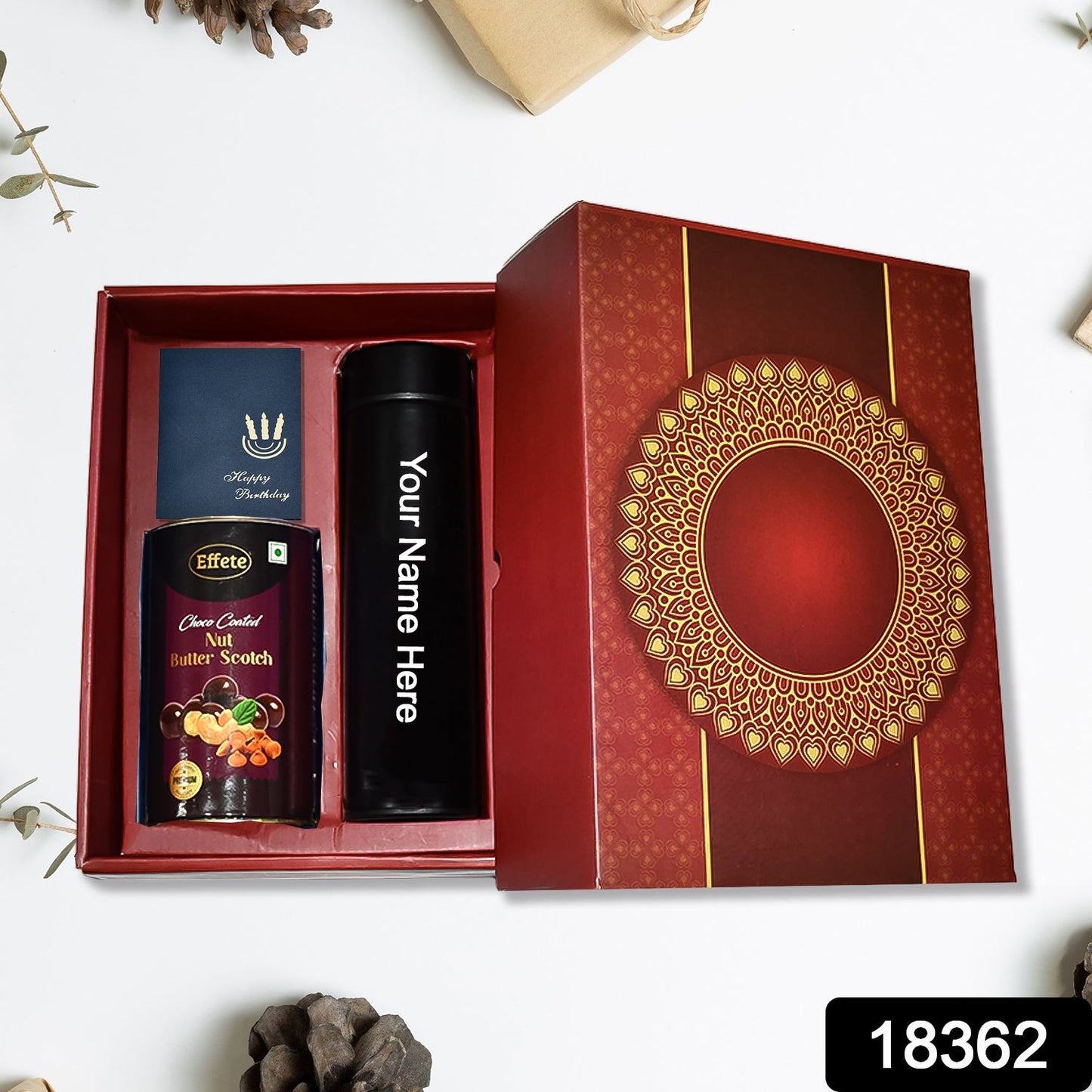 Personalized Temperature Water Bottle, Wising Card & Chocolate (With Attractive Multi Circle Box / 3 Pc Set) - Springkart 