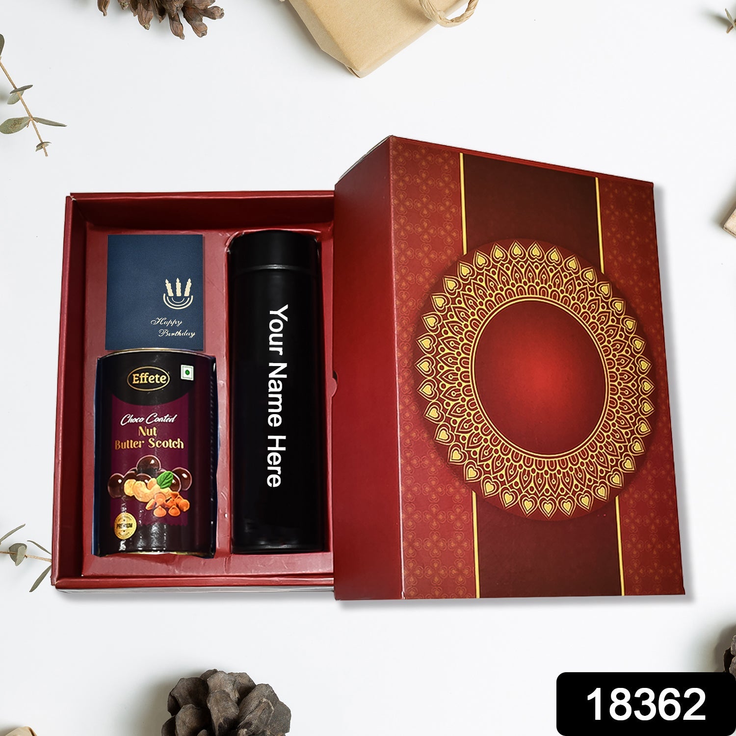 Personalized Temperature Water Bottle, Wising Card & Chocolate (With Attractive Multi Circle Box / 3 Pc Set) - Springkart 