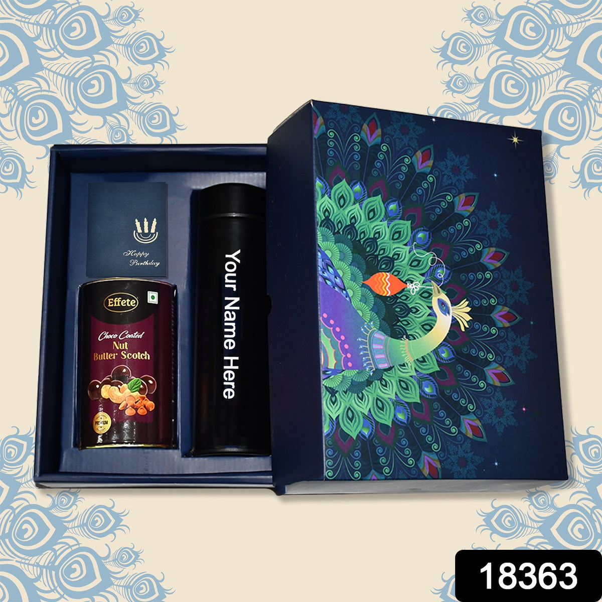 Personalized Temperature Water Bottle, Wishing card & Chocolate (With Attractive Peacock Box / 3 Pc Set) - Springkart 