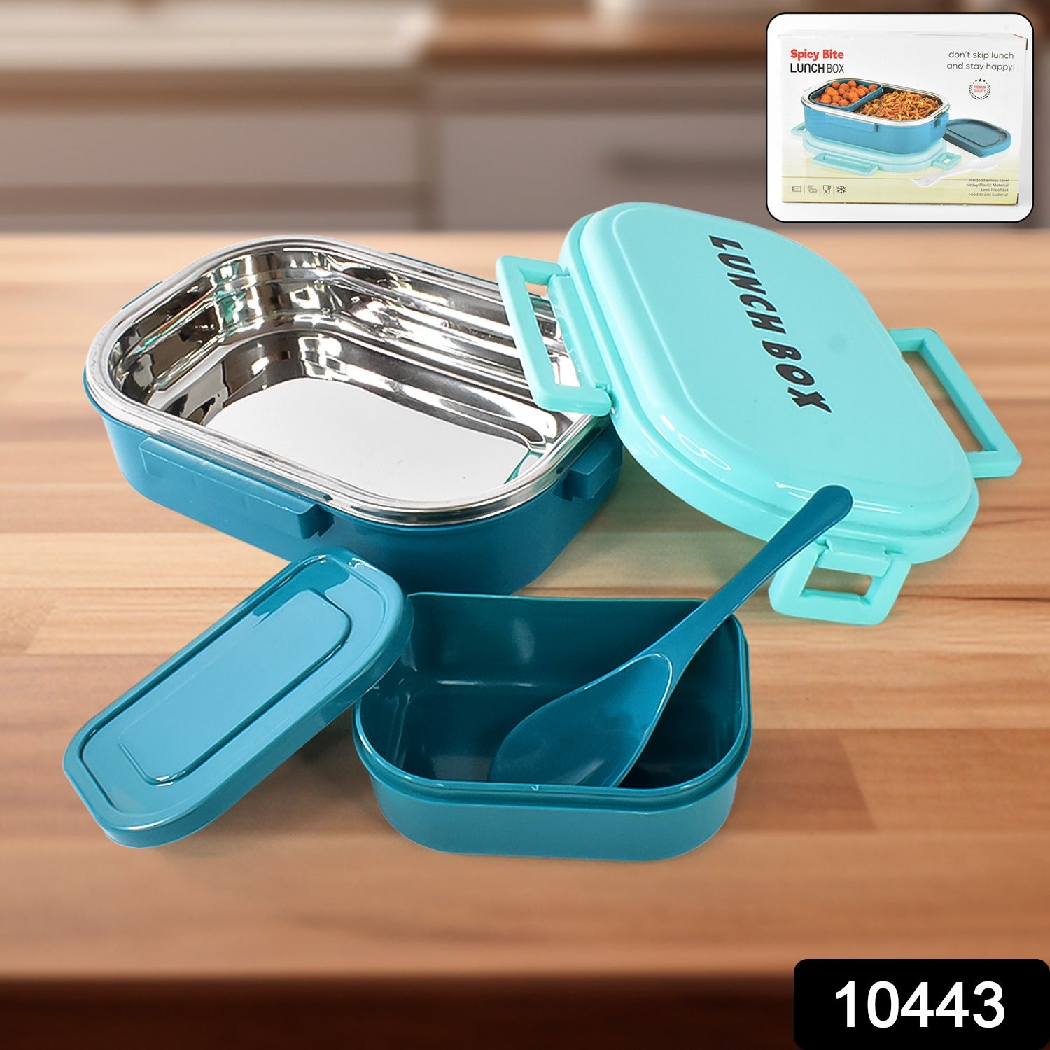 3 In 1 Spicy Bite Stainless Steel Lunch Box With Plastic Small Box Spoon (1 Set) - Springkart 
