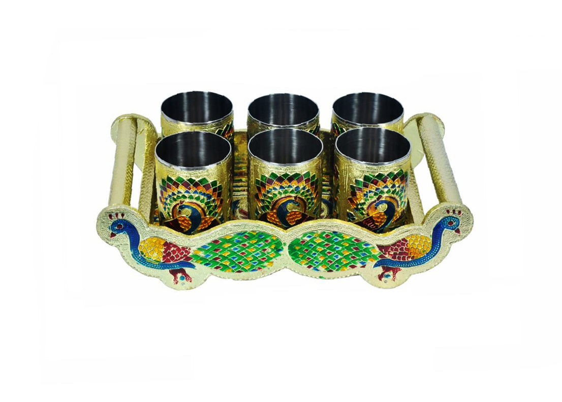 Peacock Design Glass with Handle and Handicraft Serving Tray Set - Springkart 