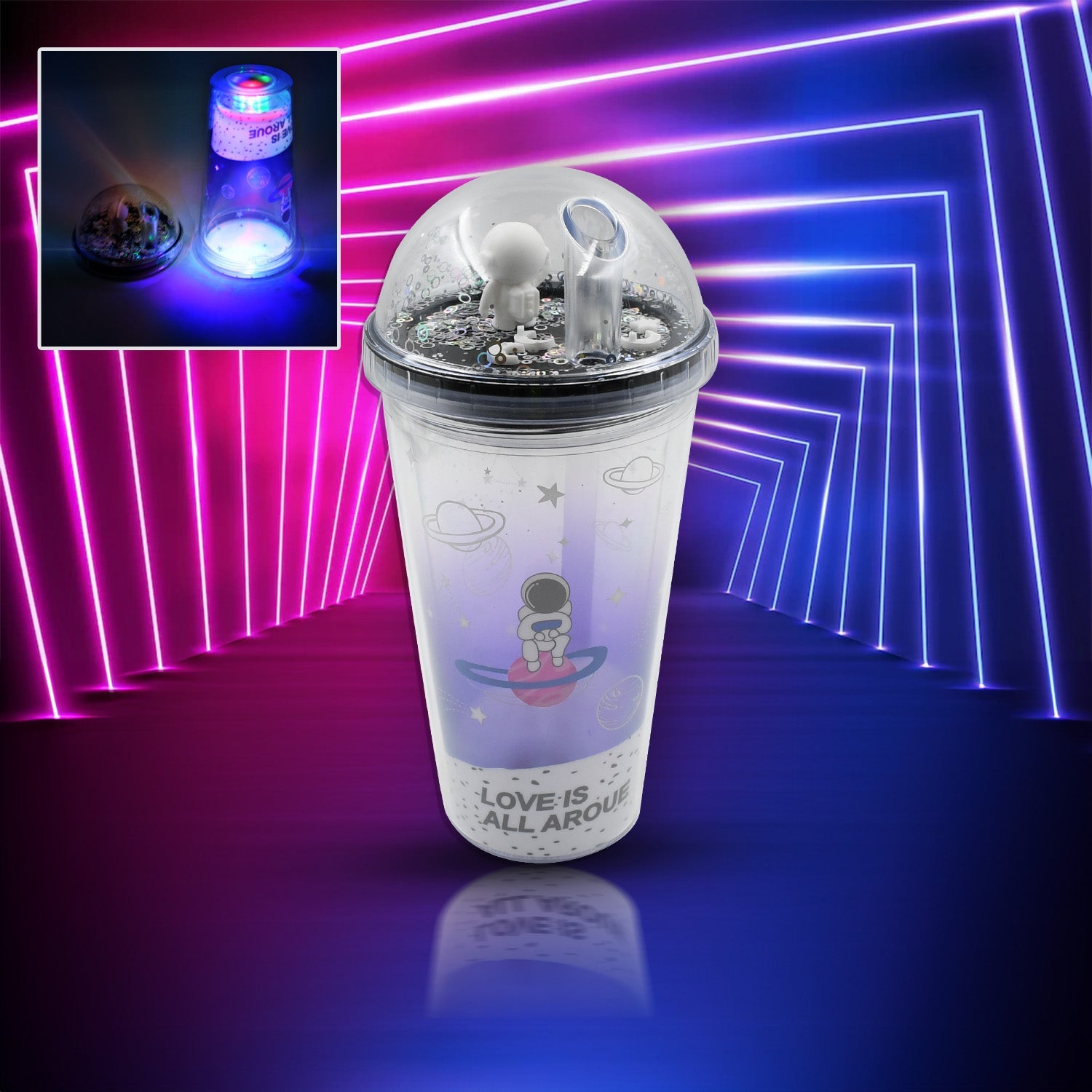 LED Glow Light, Design Printed Insulated Double Wall Plastic Tumbler Cups With Straws 13oz Theming Astronaut in Space Travel Tumbler Freezer Mug Drinking Cups for Boys and Girls School/Tuition/Gym/ Picnic (Pack Of 1) - Springkart 