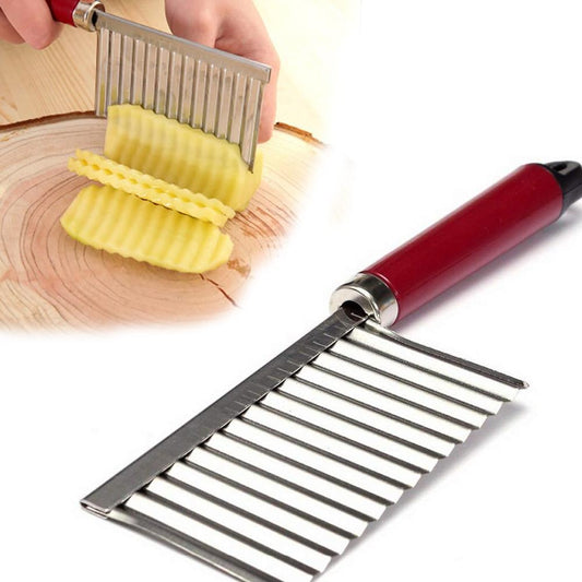 Crinkle-cut knife with a wavy blade for slicing potatoes into chips and French fries.