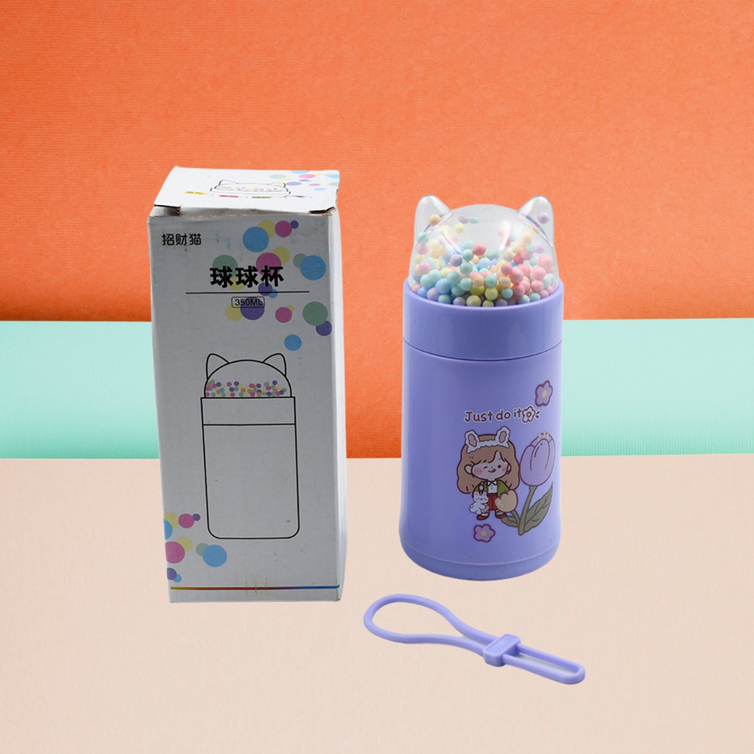 Girl Glass Water Bottle for School with Kid Sparkle Strap Cat Lid Sequins Glitter Glass Cup Birthday Gift Children 350ml (MOQ :- 75 pc) - Springkart 