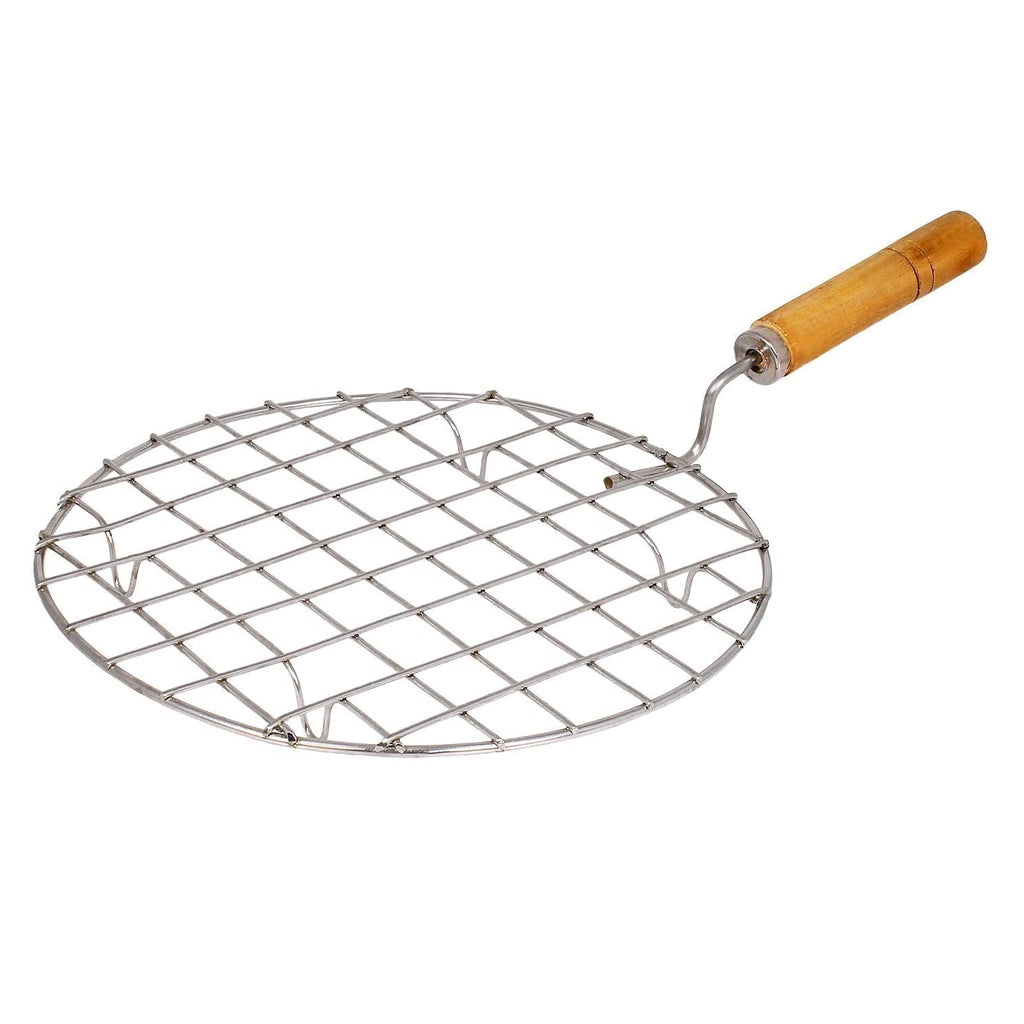 Kitchen Round Stainless Steel Roaster Papad Jali, Barbecue Grill with Wooden Handle - Springkart 