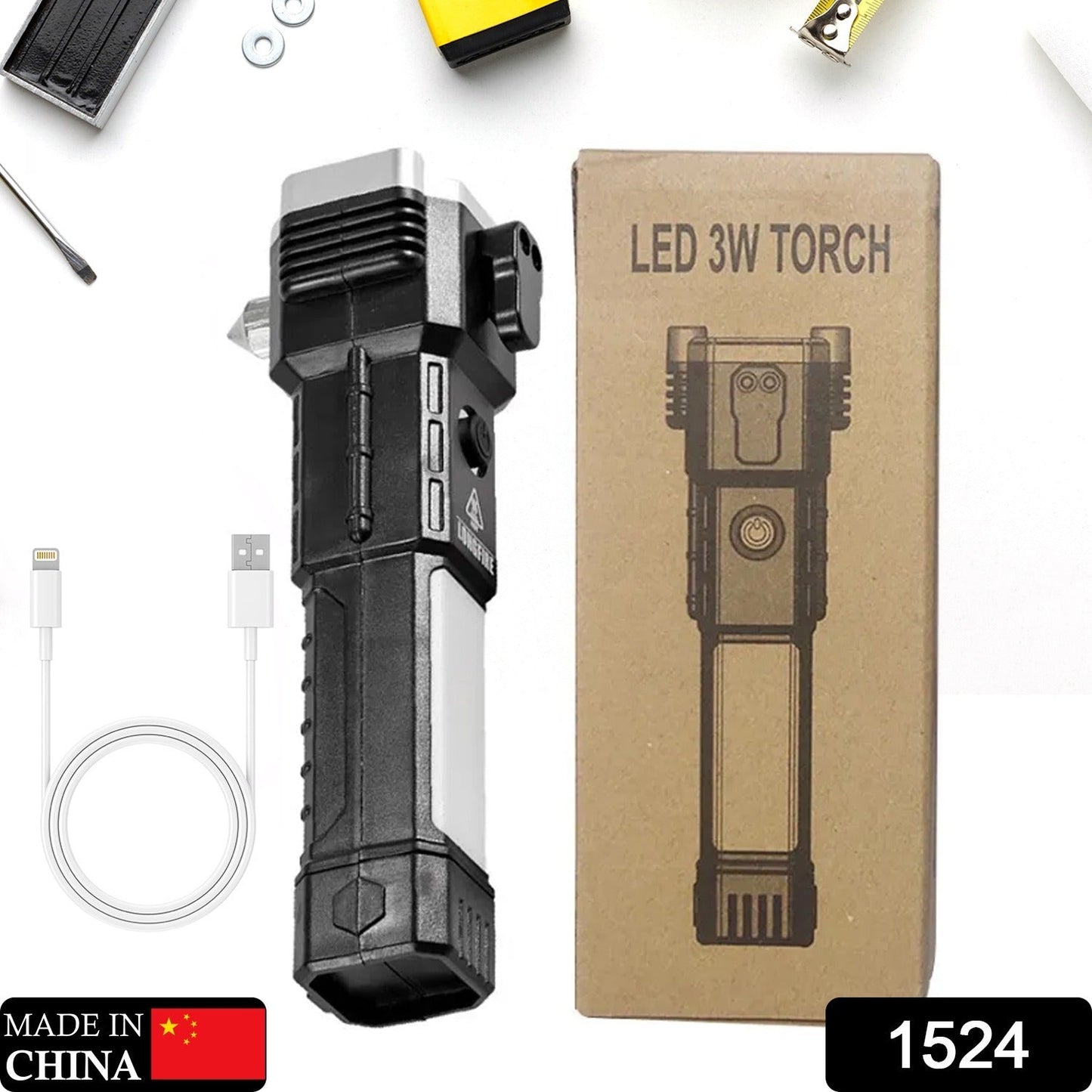 Portable 3w Rechargeable Torch LED Flashlight Long Distance Beam Range, Hammer and Strong Magnets, Window Glass and Seat Belt Cutter 4 Modes for Car Camping Hiking Indoor Outdoor - Springkart 