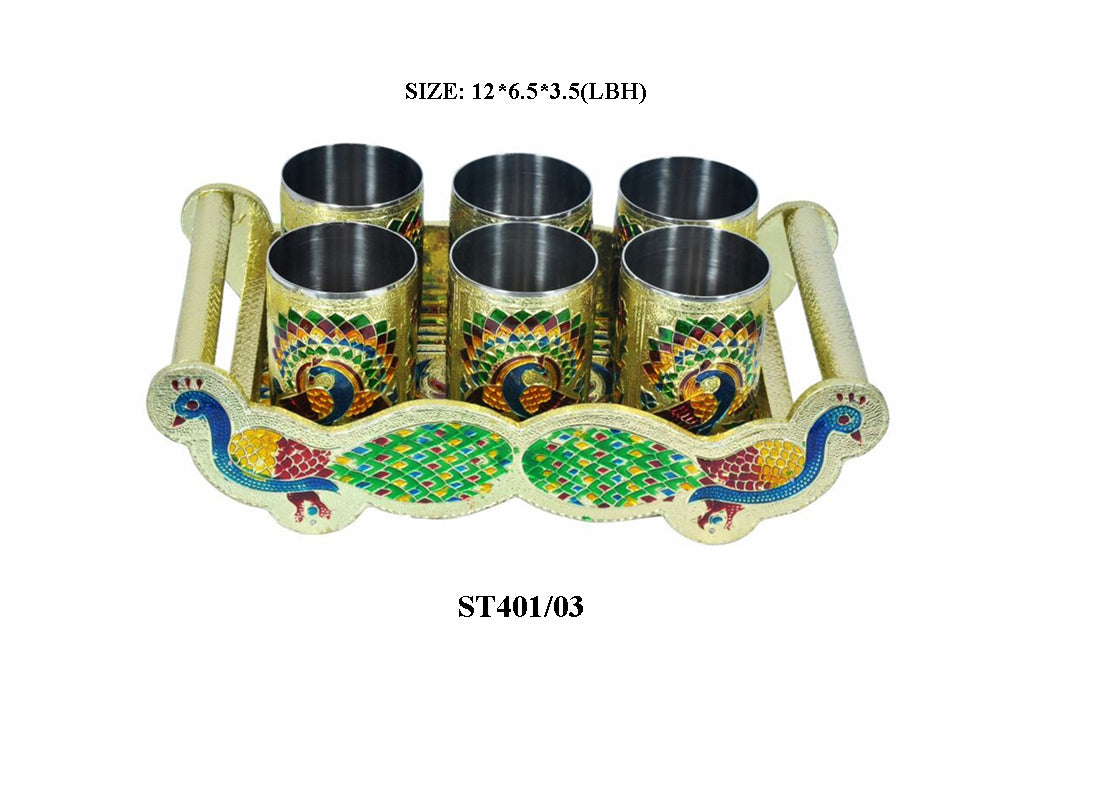 Peacock Design Glass with Handle and Handicraft Serving Tray Set - Springkart 