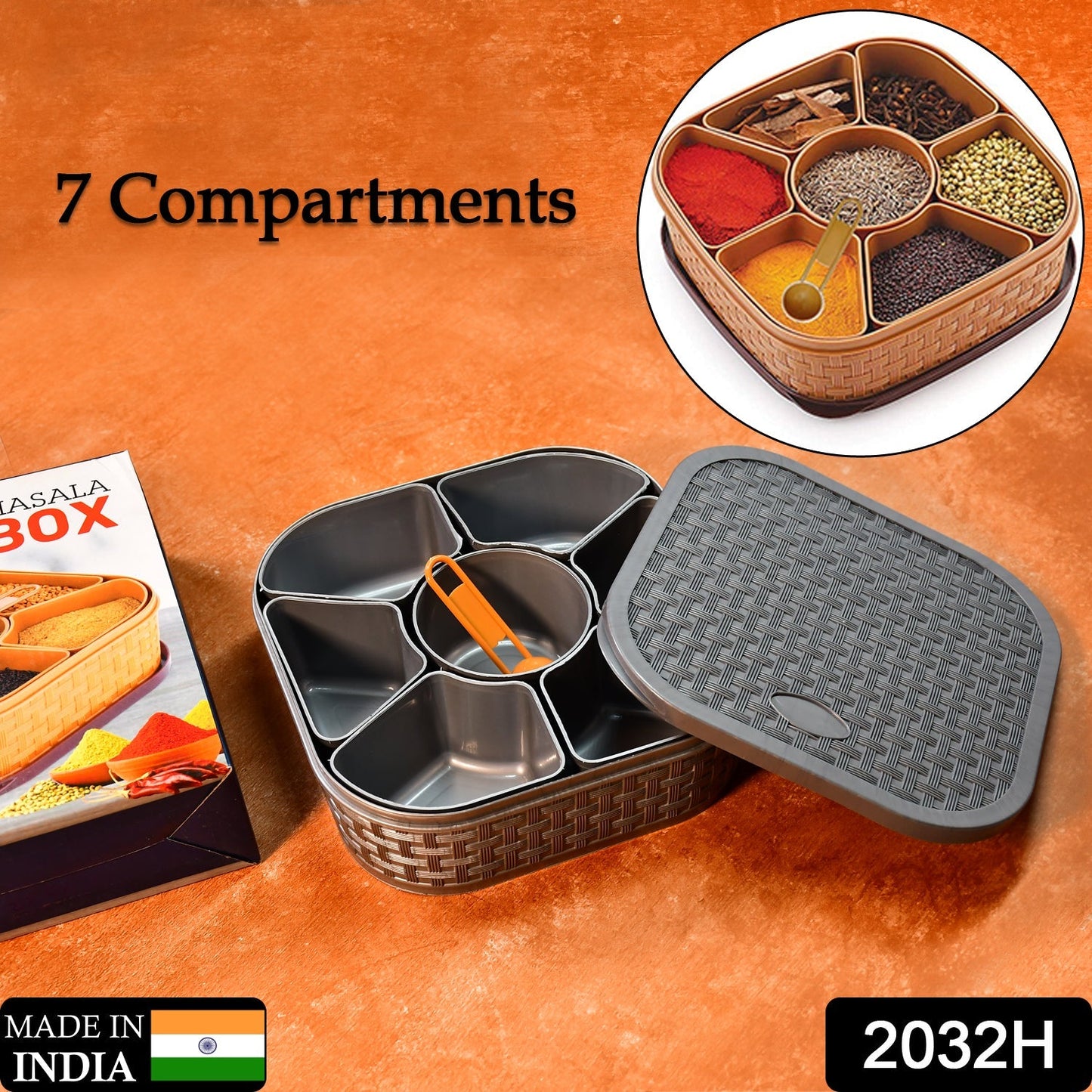 Masala Box for Keeping Spices, Spice Box for Kitchen, Masala Container, Plastic Wooden Style, 7 Sections (Multi Color). - Springkart 