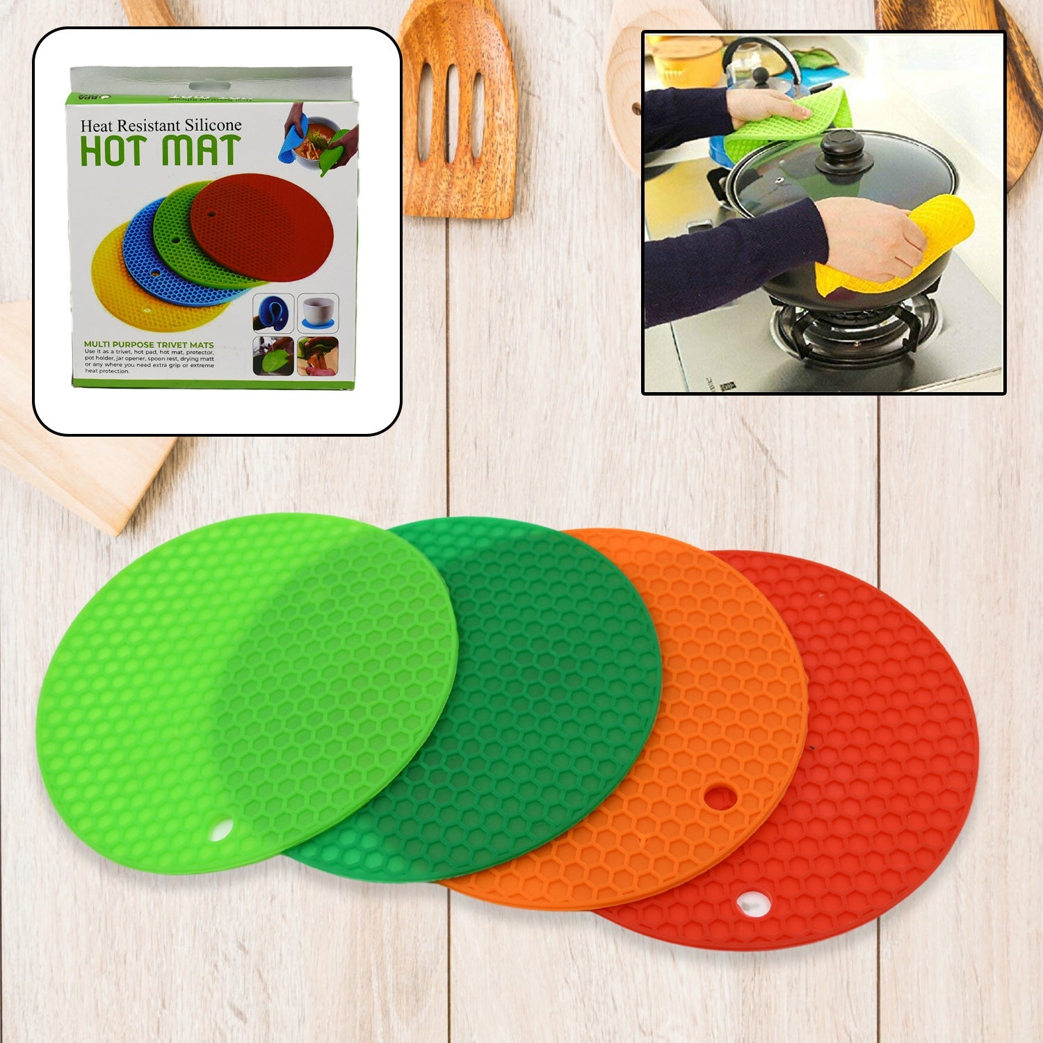 Mat, 4 Pc Silicon Hot Mat For Placing Hot Vessels And Utensils Over It Easily Without Having Any Visible Marks On Surfaces. - Springkart 