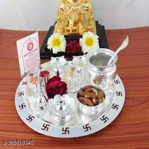 9 Inch Swastik Pooja Thali With Free Chandan, Silver Plated (9 Pieces, Silver)