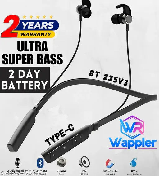 BT 235V3 Black Bluetooth Neckband | Wireless Neckband |  Clear Sound Quality With Powerful Bass 20HR Battery Type C Fast Charge Magnetic Lock | Premium Metal Look & Clear Mic Sound | Bluetooth Headphones | | Best Sound Neckband | Best Neckband | High Bass