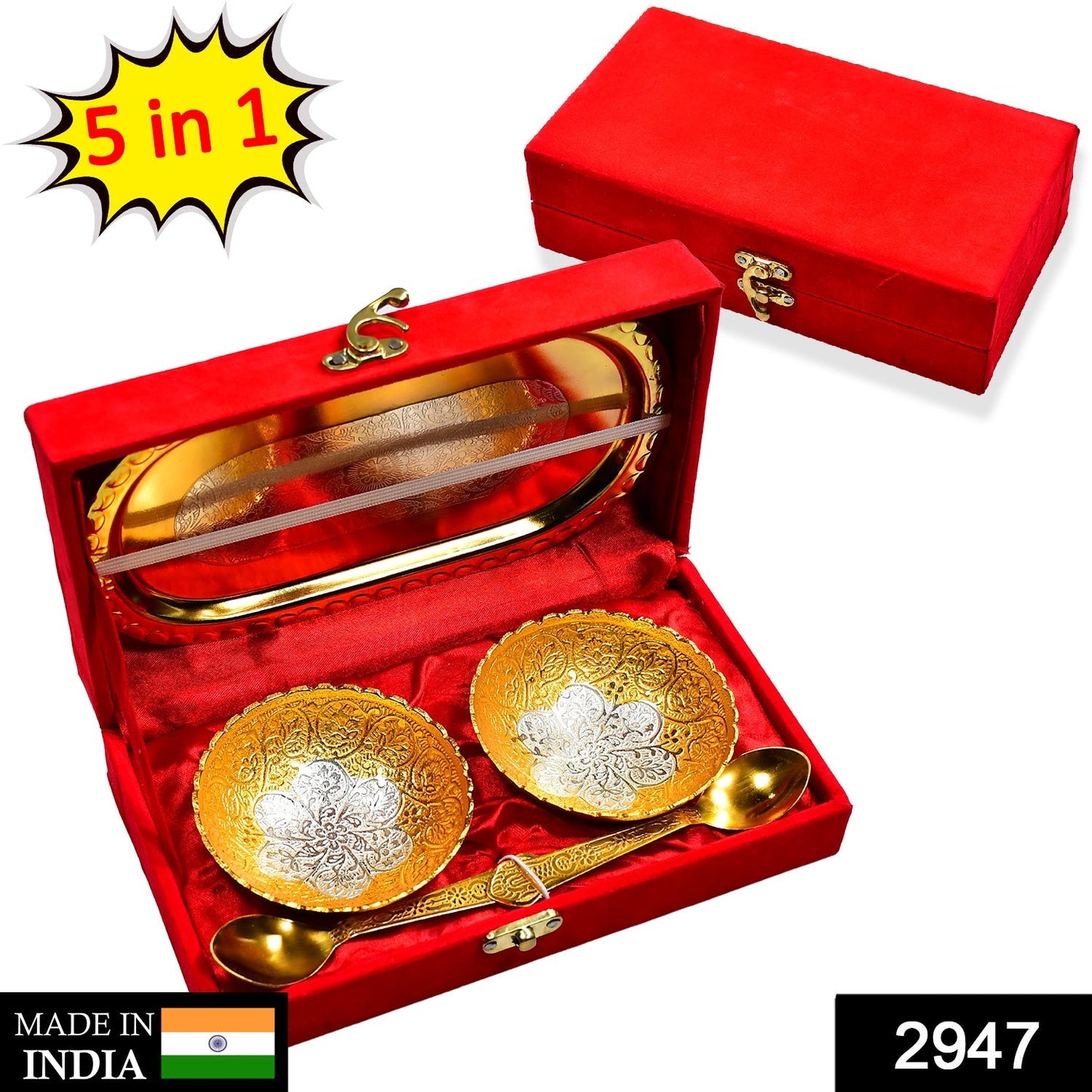 Gold Silver Plated 2 Bowl 2 Spoon Tray Set Brass with Red Velvet Gift Box Serving Dry Fruits Desserts Gift - Springkart 