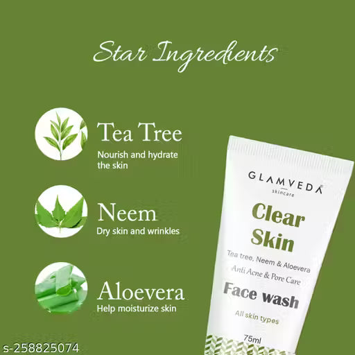 Glamveda Clear Skin Tea tree, Neem & Aloe Anti Acne Face Wash | For Oily & Acne Prone Skin | No Paraben, SLS | Pack of 3
