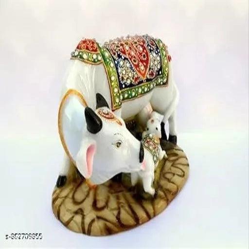 Kamdhenu Cow Murti Idol Good Shine Diamond work Hand Crafted Cow and Calf Idol - Springkart 