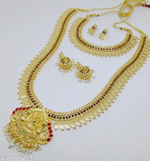 SAGALITE South Indian Traditional Kasumalai Micro Gold Plated Laxmiji Coin Haram Necklace Set For Women And Girls