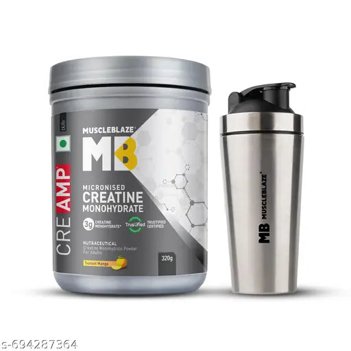 MuscleBlaze Micronised Creatine Monohydrate CreAMP™ (Sunset Mango, 80 Servings, 320g) | Trustified Certified Creatine with Gym Steel Shaker