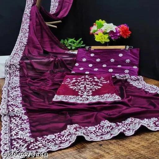 Georgette Embroidered Elegant Purple Color Sreee With Blouse || Saree For Women || Trending Saree For Women || Bollywood Stylish Fancy Party Wear Wedding Festive Bridal Sari/Saree For Women - Springkart 