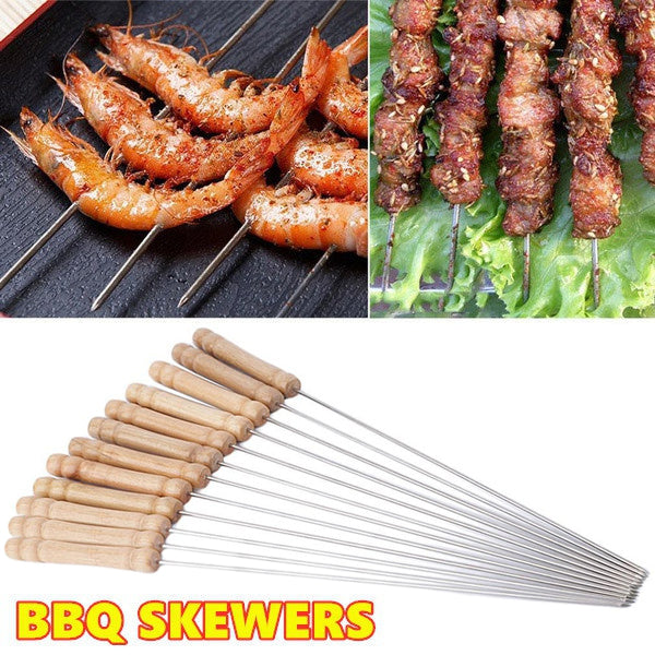 Barbecue Skewers for BBQ Tandoor and Gril with Wooden Handle - Pack of 12 - Springkart 