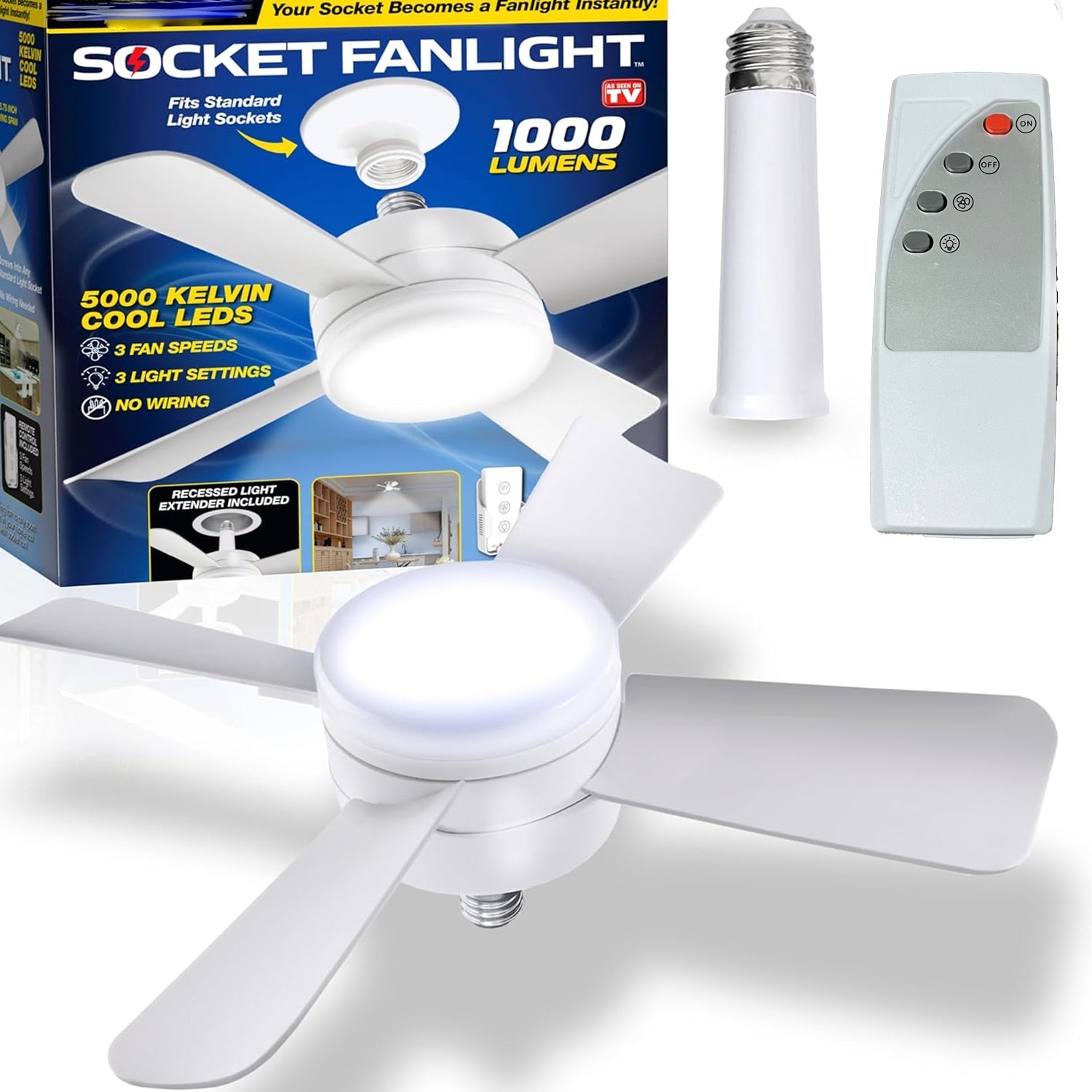 Socket Fan Light Original - Cool Light LED – Ceiling Fans with Lights and Remote Control, Replacement for Lightbulb - Bedroom, Kitchen, Living Room,1000 Lumens / 5000 Kelvins Cool LEDs (Remote Battery Not Included) - Springkart 