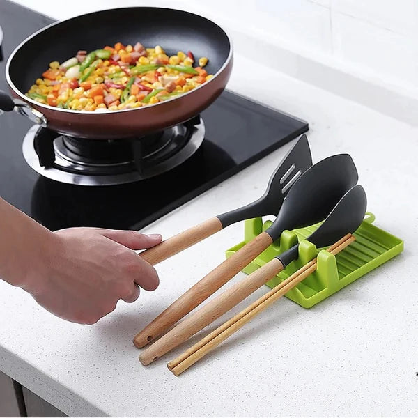 4 Slots Plastic Spoon Rest Mat Stand Cooking Spatula Holder Tray