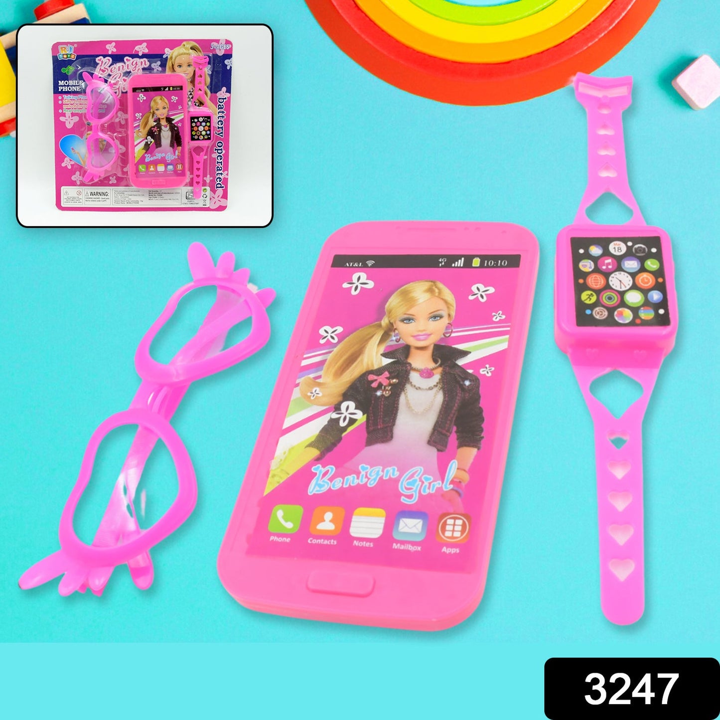 Barbiee Phone, Watch and Glasses Set for Girls, Beautiful Barbie Musical phone ABS Plastic Toy Battery Operated Barbie Glass | Musical Mobile Phone / Toddler / Toy Phone for Kids / Calling Toy Phone (3 Pcs Set, Battery Not Included) - Springkart 