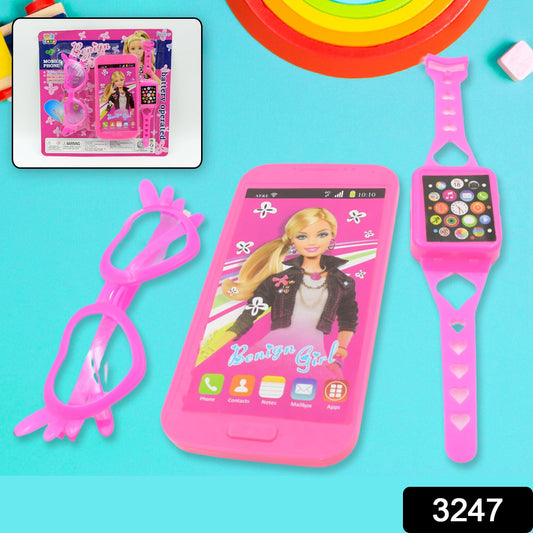 Barbiee Phone, Watch and Glasses Set for Girls, Beautiful Barbie Musical phone ABS Plastic Toy Battery Operated Barbie Glass | Musical Mobile Phone / Toddler / Toy Phone for Kids / Calling Toy Phone (3 Pcs Set, Battery Not Included) - Springkart 