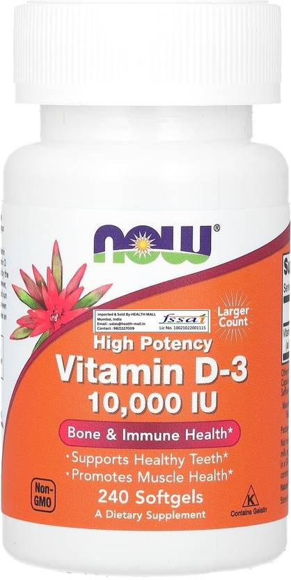 Now Foods Vitamin D-3, High Potency, 10,000 IU, 240 Softgels (240 No)