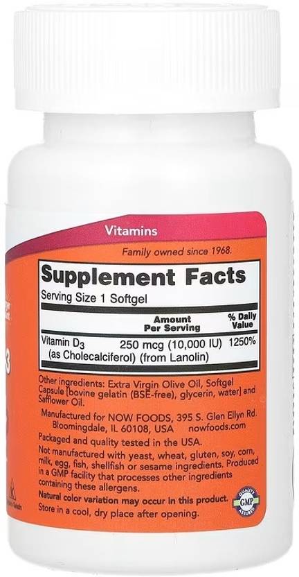 Now Foods Vitamin D-3, High Potency, 10,000 IU, 240 Softgels (240 No)