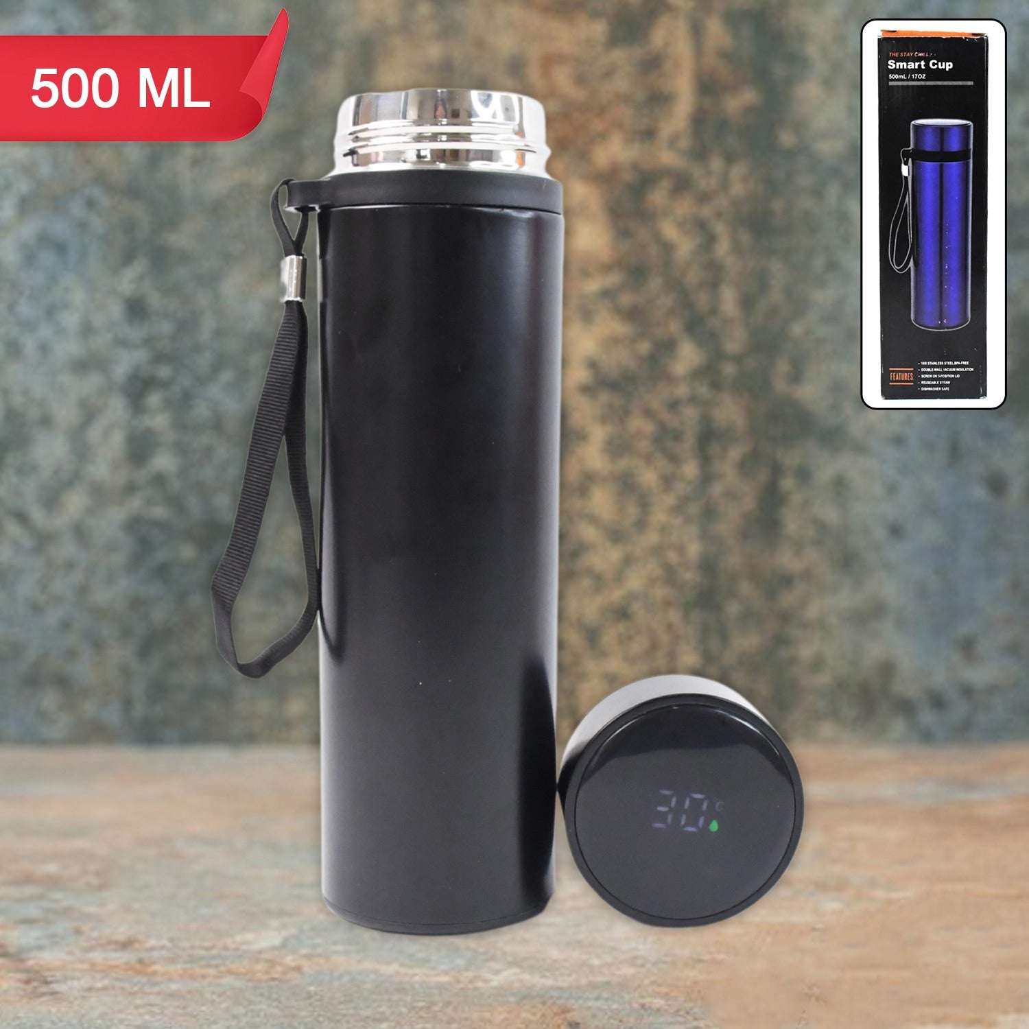 Double Wall Stainless Steel Water Bottle Screen Smart Temperature Display (500ml) - Springkart 