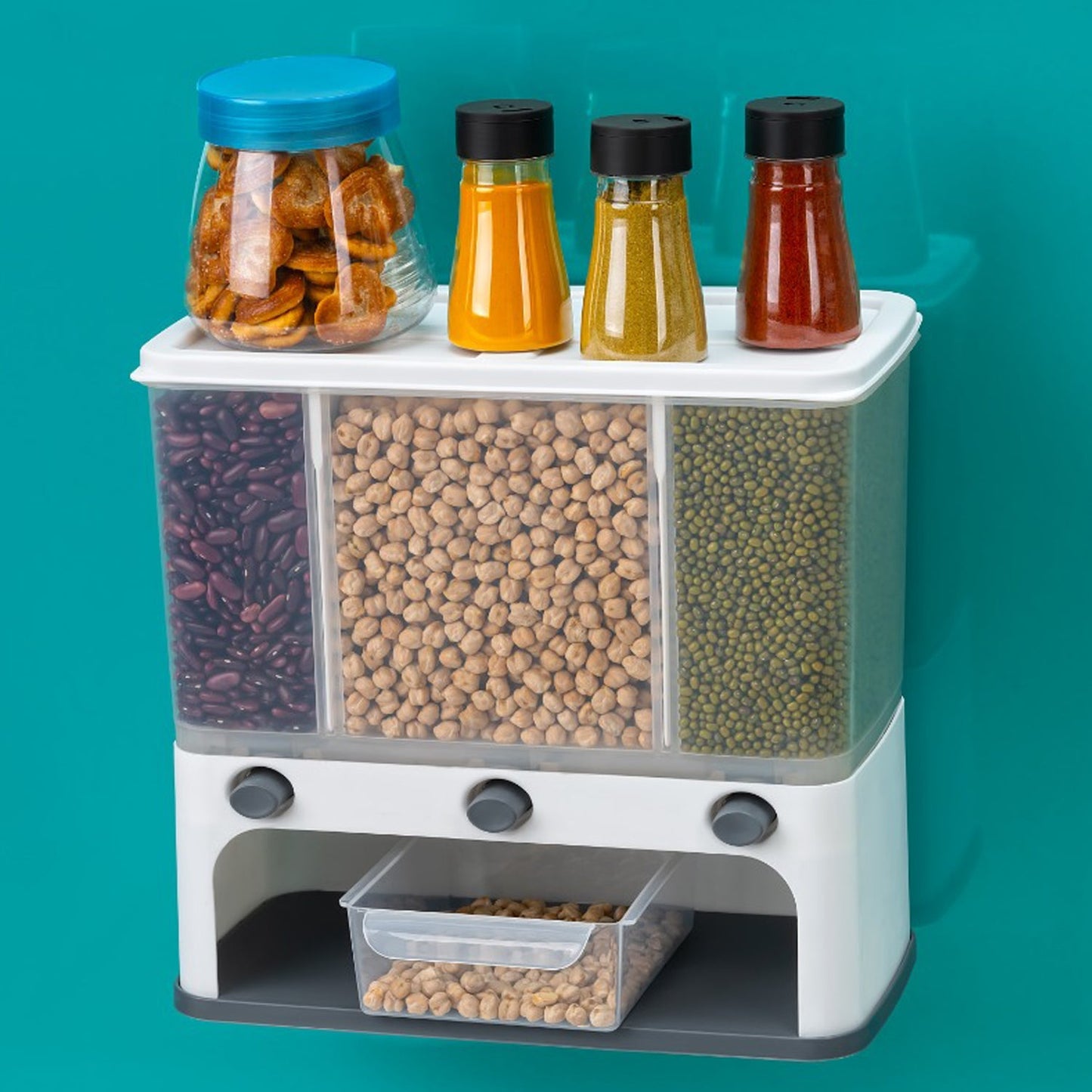 Easy Flow Cereal Dispenser for Kitchen 3 in 1 Push Button Wall Mount Container - Springkart 