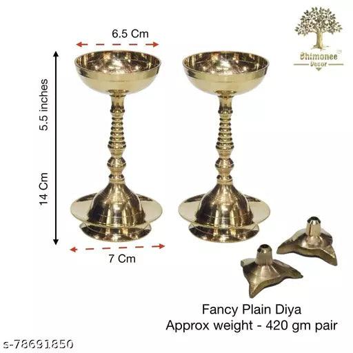 Pure Brass Plain Nanda Bowl Long Table Diya, 5.5 inches Big, Brass, Pack of 2 pcs (with Lavanga - 2pc)